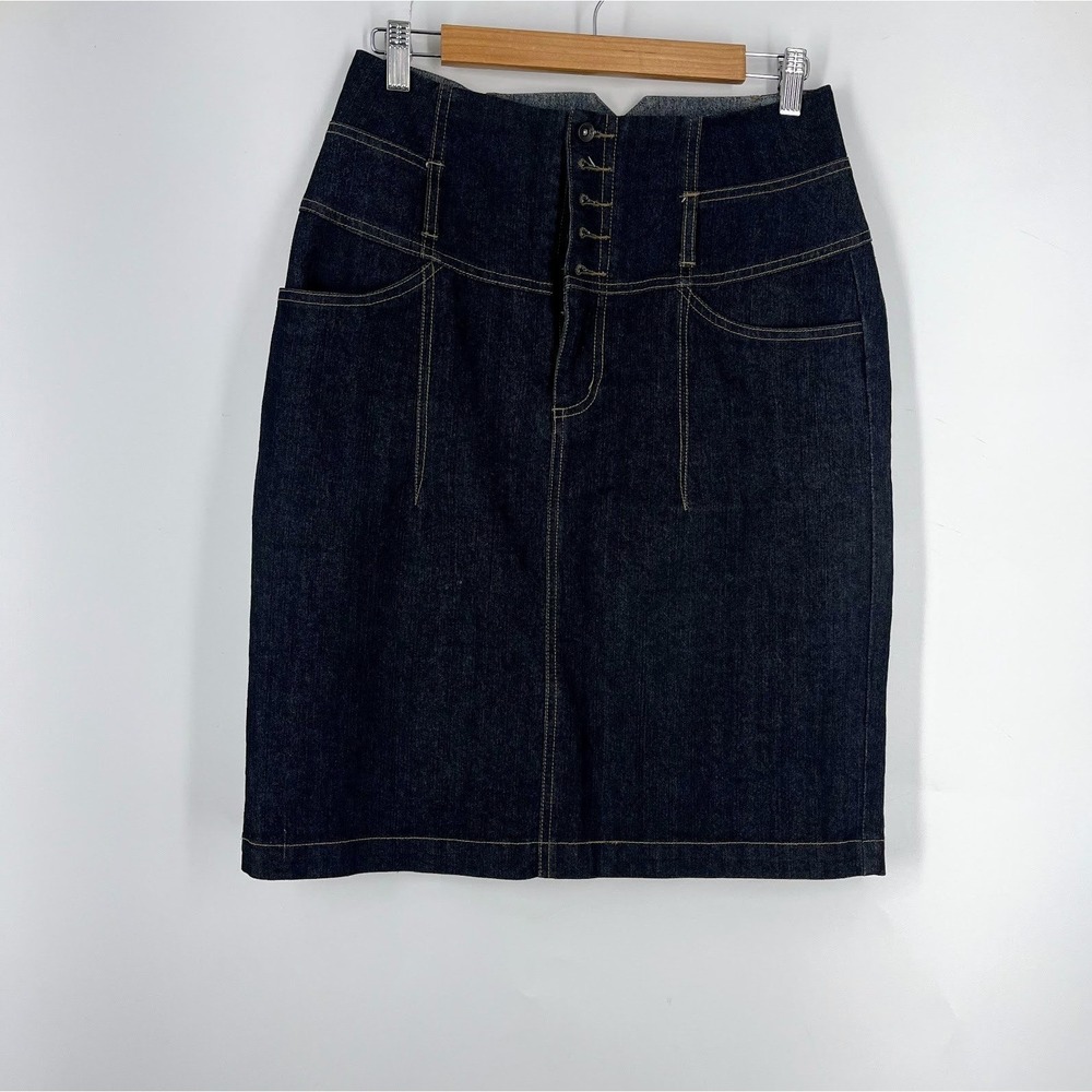 Fillmore Womens Dark Wash High Waisted Denim Button Fly Ruched Skirt Size 28‎